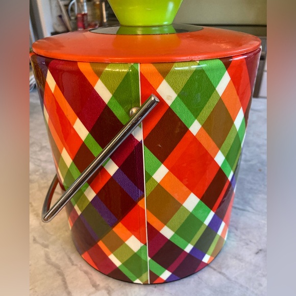 FABULOUS Vintage Vinyl PLAID Ice Bucket and Tongs RETRO 1960’s 1970’s EUC - Picture 11 of 15